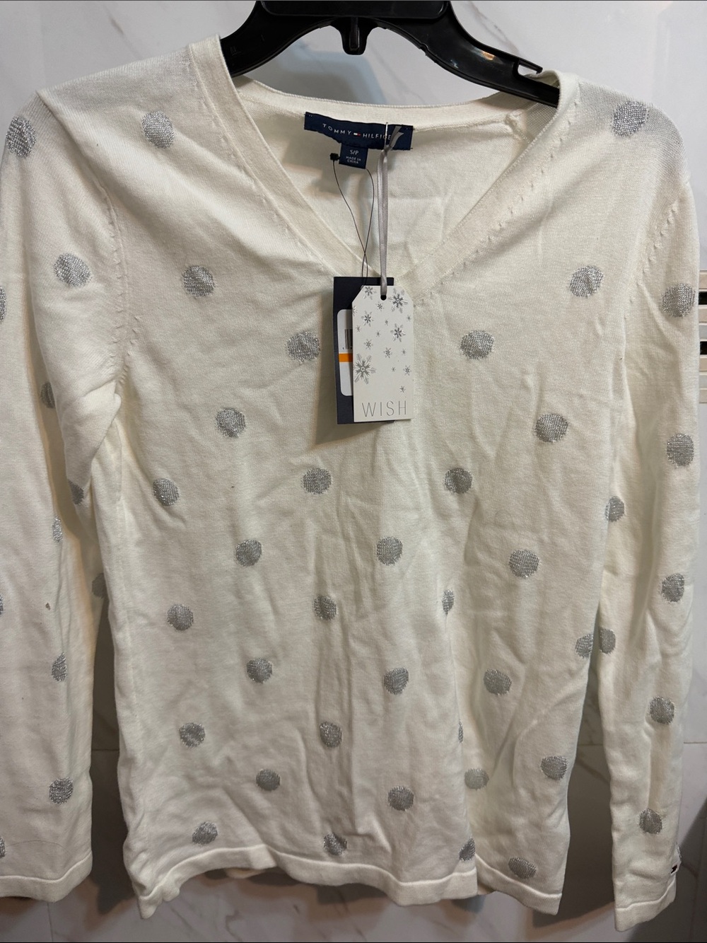 Tommy Hilfiger Cream V-Neck Sweater with Silver Polka Dots